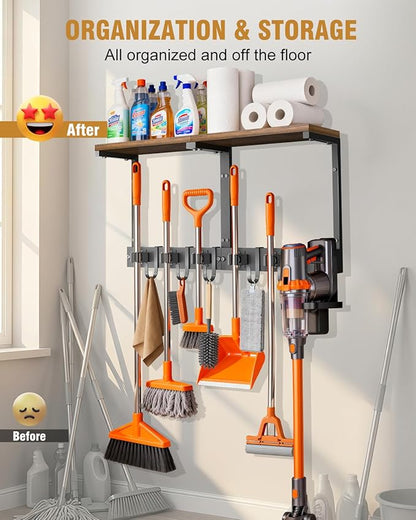 Supforce Broom Holder Wall Mount with Top Wooden Shelf, Heavy Duty Metal Cleaning Supplies Broom Hanger with Vacuum Organizer and 5 Slots & 5 Hooks for Laundry Garage Tool Storage Kitchen (Large)