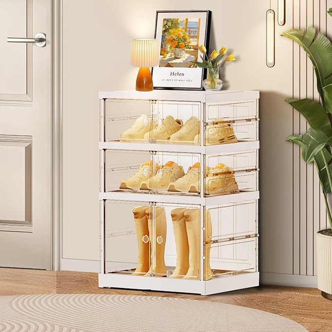 CIMLORD 3-Tier Foldable Shoe Rack for Closet Entryway 3-6Pairs,Stackable Clear Shoe Storage Boxes Organizer with Door Plastic Shoe Cabinet Bins with Lids Shoes Shelf Easy Assembly Large White