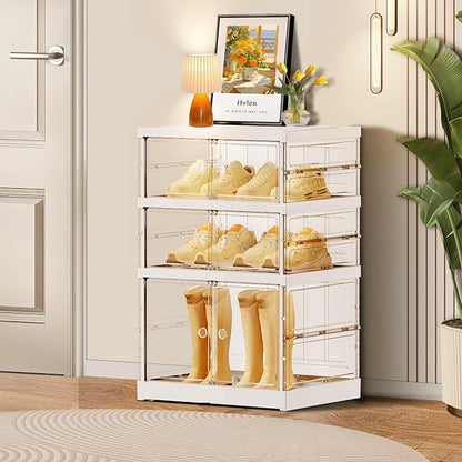 CIMLORD 3-Tier Foldable Shoe Rack for Closet Entryway 3-6Pairs,Stackable Clear Shoe Storage Boxes Organizer with Door Plastic Shoe Cabinet Bins with Lids Shoes Shelf Easy Assembly Large White