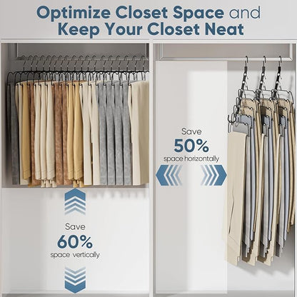 Black Rubber Coated Metal Pants Hangers 20 Pack with Shoulder Notches, Non-Slip, Heavy Duty, Space Saving Closet Organizer for Slacks, Scarf, Ties, Includes 4 Magic Hangers and 10 Hooks