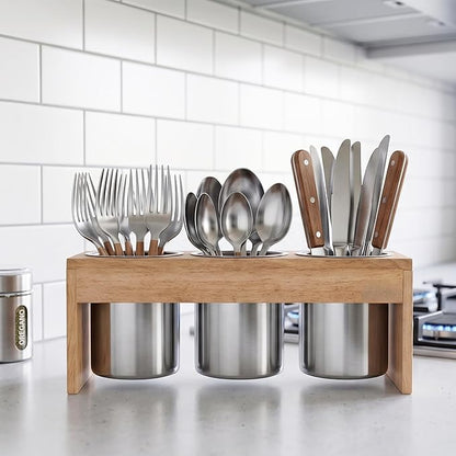 Flatware Caddy Stainless Steel Cutlery Holder with Wood Base, Containers for Kitchen Use