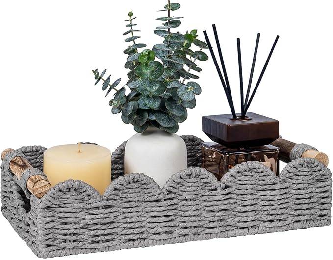 CubesLand Bathroom Basket Organizer w/Cut Out Handle, Back of Toilet Paper Storage Baskets for Bathroom Countertop Decorative, Small Scalloped Wicker Basket Also for Home Decor, Living Room, Grey