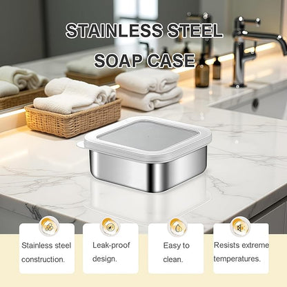 Travel Soap Container, Vonpri Stainless Steel Soap Dish with Lid - Waterproof Draining Case for Bathroom, Kitchen, Camping - Durable Compact Bar Holder for Shower, Sink and Outdoor (Silver, 4.1x4.1in)