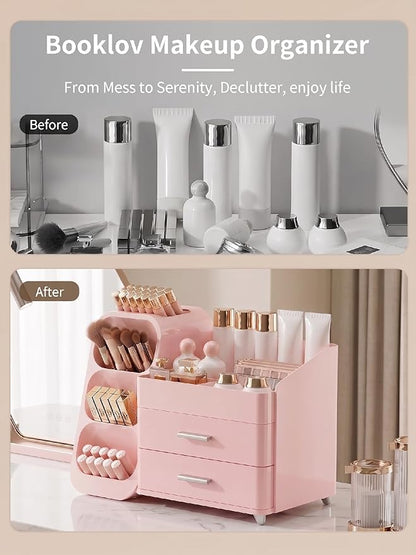 Booklov Makeup Organizer for Vanity, Large Capacity Cosmetic Display Case with Drawers, Countertop Beauty Storage Holder for Skincare, Brush Eyeliner Perfume Eyeshadow Lipsticks, Counter Desk, Pink