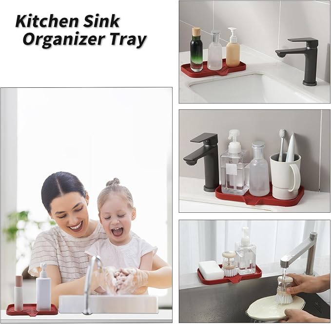 MicoYang Silicone Bathroom Soap Dishes with Drain Spout-Bathroom and Kitchen Sink Organizer,Sponge Holder,Dish Soap Tray,Perfect for Dispenser,Scrubber,Bottle,Cup on Sink or Counter-Red 9.6"×5.3"