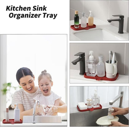 MicoYang Silicone Bathroom Soap Dishes with Drain Spout-Bathroom and Kitchen Sink Organizer,Sponge Holder,Dish Soap Tray,Perfect for Dispenser,Scrubber,Bottle,Cup on Sink or Counter-Red 9.6"×5.3"