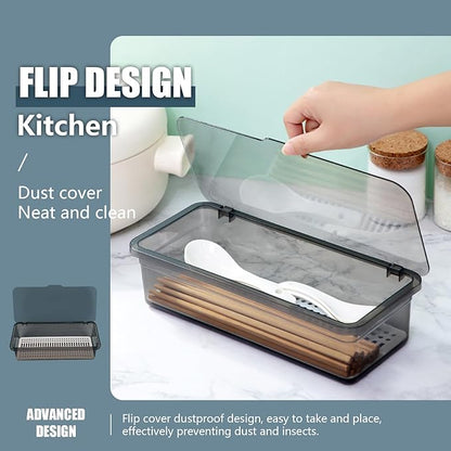 SUNSHNO Flatware Tray with Lid and Drainer, Tableware Utensil and Cutlery Drawer Organizer with Lid Covered Silverware Tray to Keeps Your Cutlery Organized and Protected