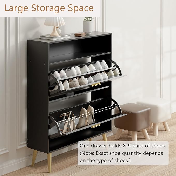 LYNSOM Shoe Cabinet, Free Standing Tipping Bucket Shoe Rack Organizer with 2 Flip Drawers, Modern Entryway Shoe Storage with Top Display, Narrow Slim Hidden Shoe Cabinet (Black)