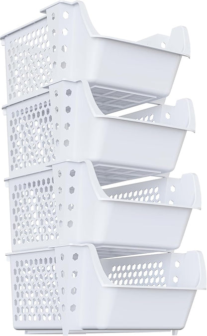 TidyFriend 4 Pack Stackable Storage Bins Open Front for Pantry Organizers and Storage, Plastic Storage Bins, Dorm Room Essentials, Pantry Storage for Snacks, Toiletries, and Small Essentials (White)