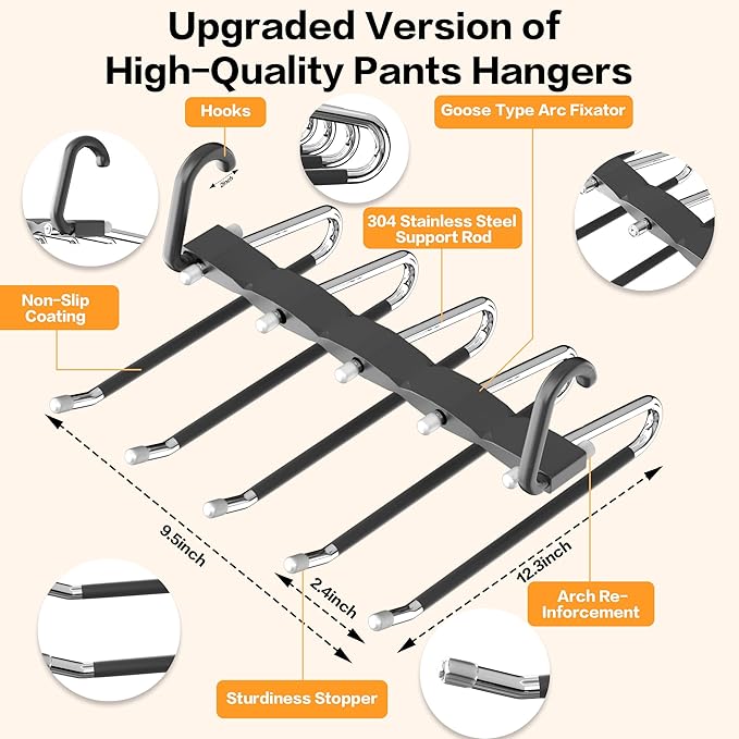Pants Hangers Space Saving - 2 Pack Closet Organizer and Storage Jean Hangers, Stainless Steel Anti-Slip Clothes Hanger Scarf Holder for Pants Jeans Leggings Trousers Pant Rack, Black