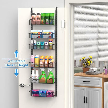 VyGrow 12.3" W Narrow Over the Door Pantry Organizer, 6-Tier Over the Door Organizer with Adjustable Basket, Pantry Door Organization for Pantry Kitchen Storage Room Spice Rack, Black