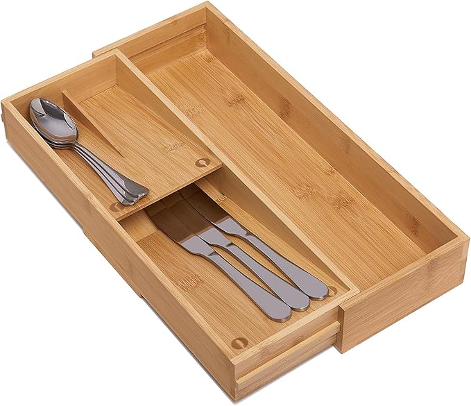 guiogc Bamboo Kitchen Drawer Organizer, Silverware Organizer Expandable Utensil Holder with Removable Knife Block, Cutlery Tray with Drawer Dividers for Kitchen Utensils and Flatware