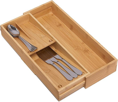 guiogc Bamboo Kitchen Drawer Organizer, Silverware Organizer Expandable Utensil Holder with Removable Knife Block, Cutlery Tray with Drawer Dividers for Kitchen Utensils and Flatware