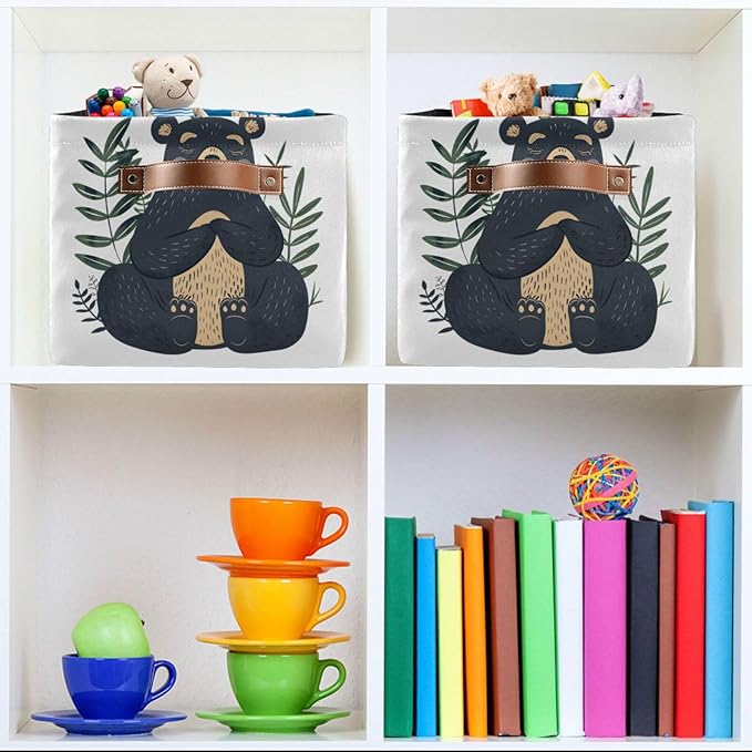 Large Storage Basket Black Bear Storage Bin Cube Canvas Fabric Organizer Handles Collapsible for Clothes Toys Bedroom Decorative