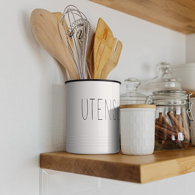 Bivvclaz Kitchen Utensil Holder, 6.7" Utensil Holder for Kitchen Counter, Cooking Utensil Crock with Cork Bottom, Modern Farmhouse Decor, Countertop Utensil Storage Caddy Organizer, White