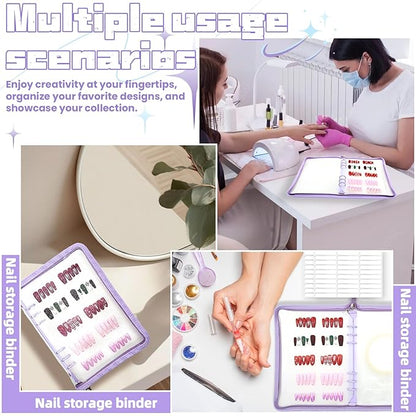 Press On Nail Storage Organizer with 4 Insert Pages - A5 Size Portable False Nail Storage Box for Collecting and Organizing Tips with Tape and Zipper Pocket (Purple)