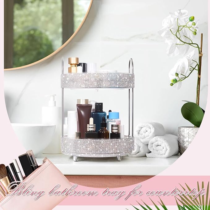 Honeydak 360 Rotating Perfume Organizer for Mother Day Nurse Day Rhinestone Bathroom Counter Organizer Makeup Holder Skincare and Perfume Storage for Cosmetic Countertop(2 Tiers,Resin Stone,White)