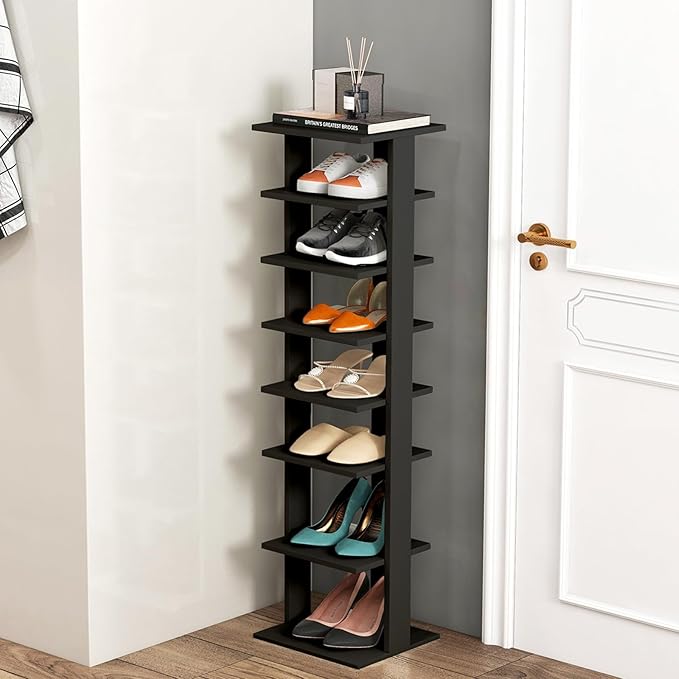 BETTARY 8 Tier Vertical Shoe Rack, Narrow Wooden Corner Shoe Organizer for Small Spaces, Removable Shelves, Anti-toppling Device, Shoe Tower for Entryway, Closet, Bedroom (Black, Single Row)