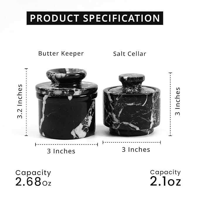 Marble Butter Keeper and Salt Cellar Set, Black Zebra Marble Kitchen Counter Containers for Butter, Seasoning & Condiments, Home & Kitchen Décor