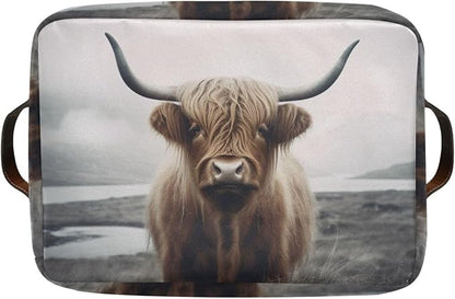 YETTASBIN Highland Cow Storage Basket 2pc, Large Collapsible Toys Clothes Organizer, Durable Canvas Storage Bin with Handle for Shelves Closet Laundry Home Office Decor