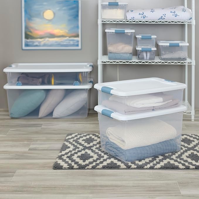 Sterilite 24-Pack Latching Box, Clear Plastic Under Bed Storage Bins with Lids, 32 Quart - Large Stackable Tote Organizer Containers for Closet, Bedroom, Bathroom, and Office Organization