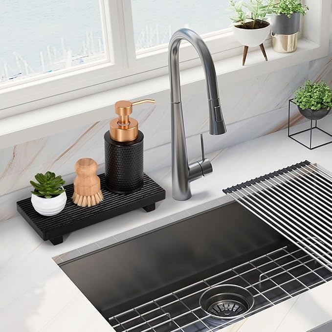 Bathroom Tray Farmhouse Decor Pedestal Stand Wood Riser Display Kitchen Accessories Soap Holder for Sink, Counter, Vanity,10 * 4.5 Black