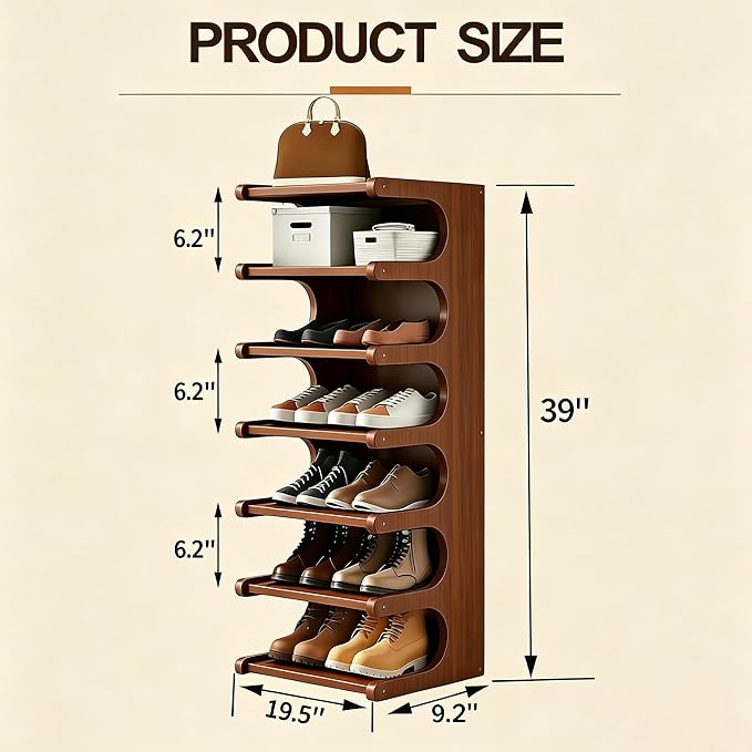 39" Bamboo Shoe Rack - Vertical Shoe Organizer Rack for Small Space, Narrow Shoe Tower for Closet, Entryway, Corner, Tall Shoe Shelf with Removable Shelves, Flexible Storage Shelf for Saving Space