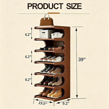 39" Bamboo Shoe Rack - Vertical Shoe Organizer Rack for Small Space, Narrow Shoe Tower for Closet, Entryway, Corner, Tall Shoe Shelf with Removable Shelves, Flexible Storage Shelf for Saving Space