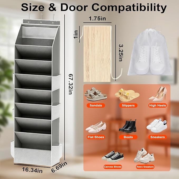 Over the Door Shoe Organizer, Clear Pockets Hanging Shoe Storage With 20 Dust-Proof Bags, Hanging Closet Shoe Storage with Large Deep Pockets, Fits 16–24 Pairs of Sneakers, Sandals, Boots, Gray