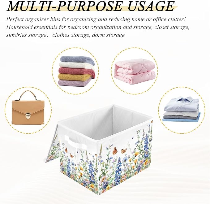 senya Flower Baskets Collapsible Storage Bins with Lids, Watercolor Wildflowers Spring Storage Boxes Clothes Baskets for Organizing, B06D22020