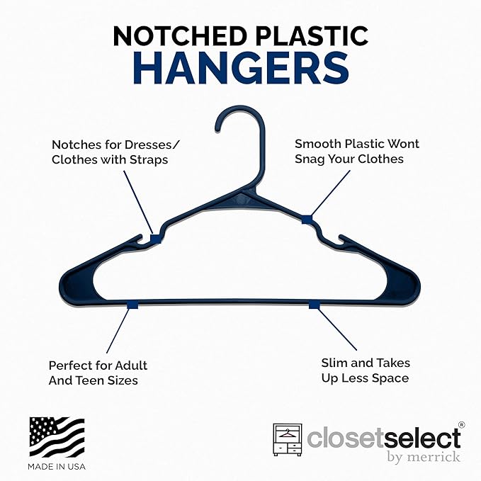 Closetselect Plastic Hangers 50 Pack - Space Saving Clothes Hangers, Made in USA, Durable & Strong Plastic Shirt & Coat Hanger with Notches & Shoulder Grooves, Non-Slip Hangers | Blue Sapphire
