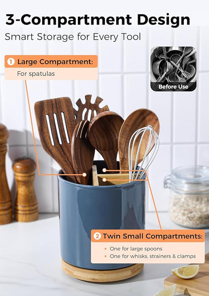 LoeJan 3 Compartment Utensil Holder, Extra Large Utensil Crock, Stable Ceramic Utensil Organizer, Cooking Tool Organizer Set for Kitchen Counter Farmhouse Decor, Blue