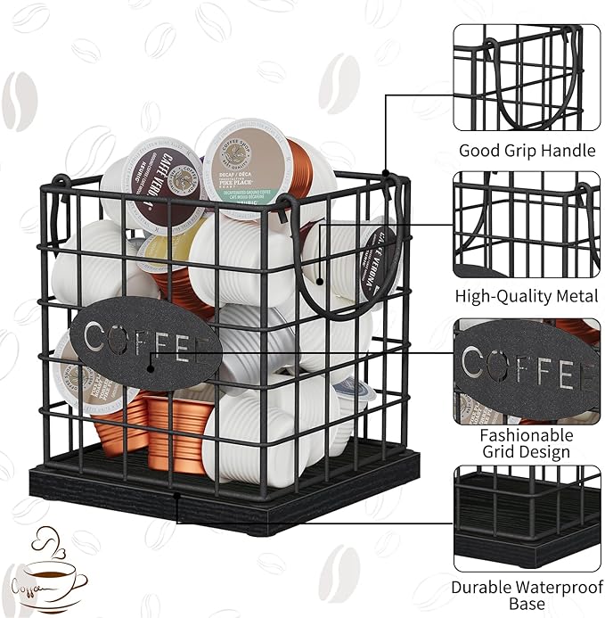 YINMIT K Cup Holder Organizer, Sturdy Coffee Pod Holder Organizer, 35 Kcup Large Capacity Storage Basket for Kitchen Counter and Office Desktop (Black-Square with Handle)