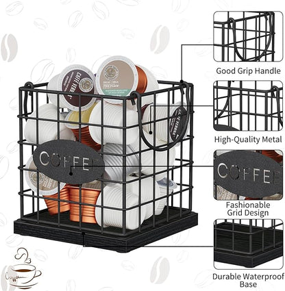 YINMIT K Cup Holder Organizer, Sturdy Coffee Pod Holder Organizer, 35 Kcup Large Capacity Storage Basket for Kitchen Counter and Office Desktop (Black-Square with Handle)