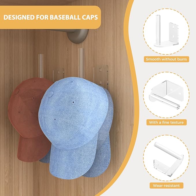 Clear Acrylic Baseball Cap Organizer (2 Pack) - Floating Hat Rack Display Holds 10-15 Hats, L-Shaped Hat Hanger with Adhesive & Screws, Hat Storage for Wall, Door, Closet Decor
