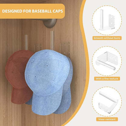Clear Acrylic Baseball Cap Organizer (2 Pack) - Floating Hat Rack Display Holds 10-15 Hats, L-Shaped Hat Hanger with Adhesive & Screws, Hat Storage for Wall, Door, Closet Decor