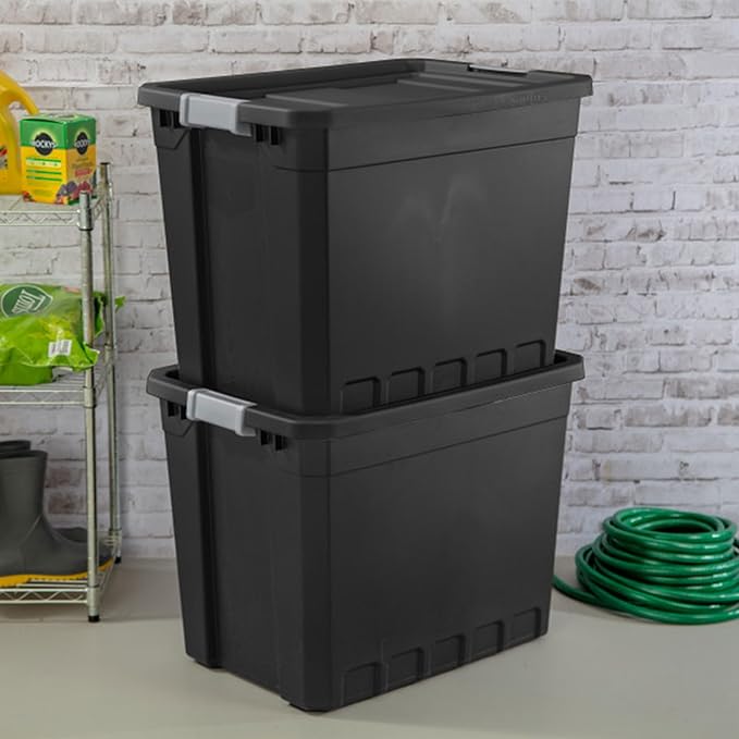 Sterilite 12-Pack Plastic Storage Bins with Lids, Stackable Containers, 27 Gallon, Black