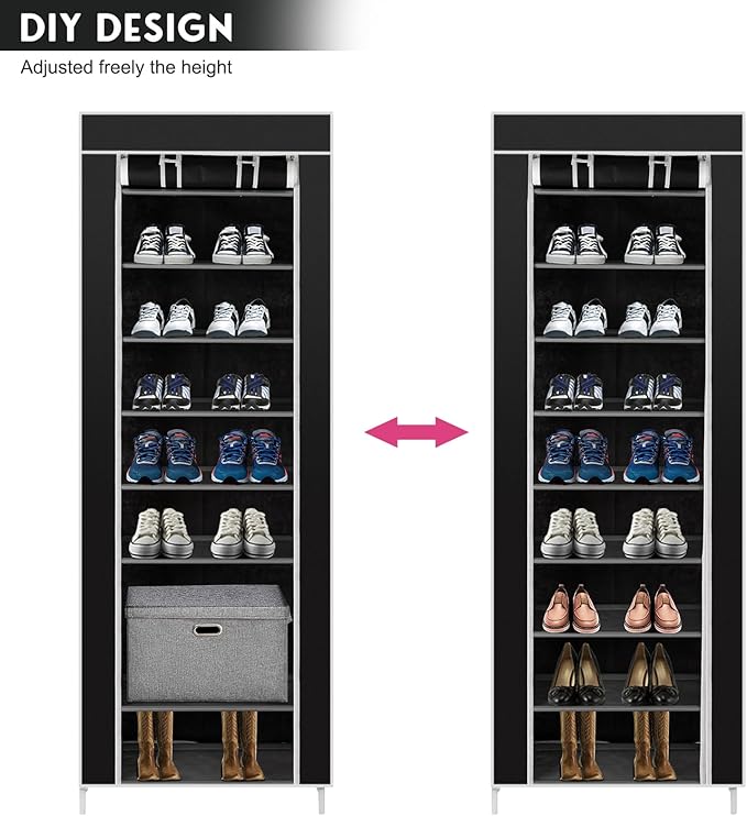 Vertical Narrow Shoe Rack Organizer,Room-Saving 10-Layers 9 Lattices Non-Woven Fabric Shoe Rack Holds 22-30 Pairs Tall Shoe Storage Cabinet with Dustproof Cover for Closet,Entryway,Dorm,Bedroom,Black