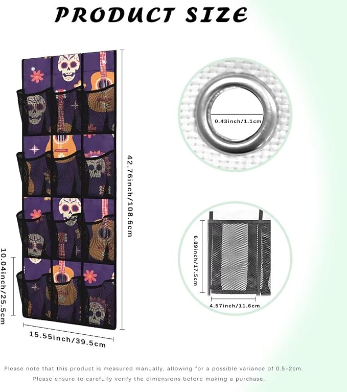 Skull Guitar Over The Door/Wall Shoe Organizer,Nursery Organization,12 Compartment Breathable Mesh Pocket Over the Door Hanging Shoe Bag,Closet Shoe Hanging Bag,Breathable Organizer