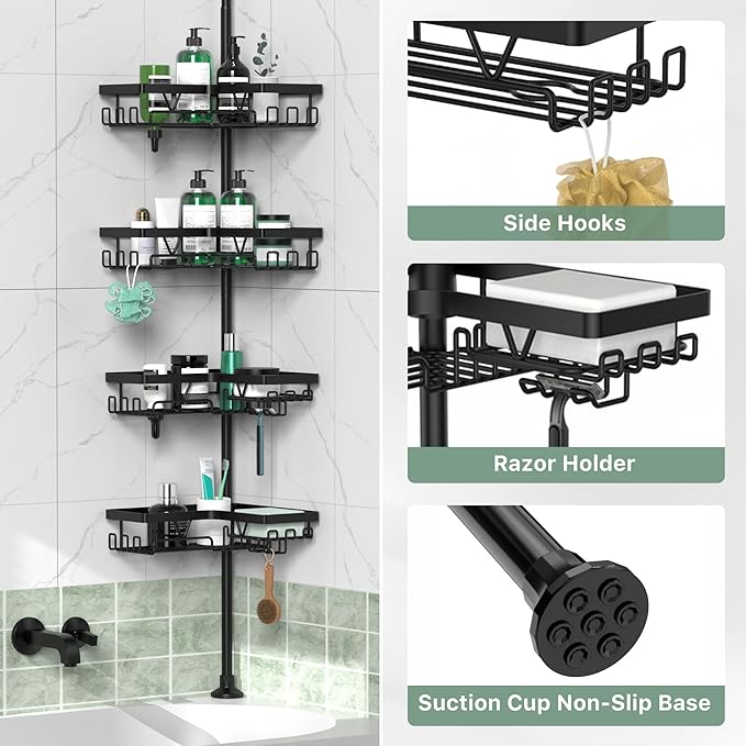 DAOYA Corner Shower Caddy Tension Pole - 4 Tier Stainless Steel Rustproof Shower Corner Caddy for Bathtub Bathroom Shower Organizer Shelves Adjustable Pole 25-114.2 Inch Black