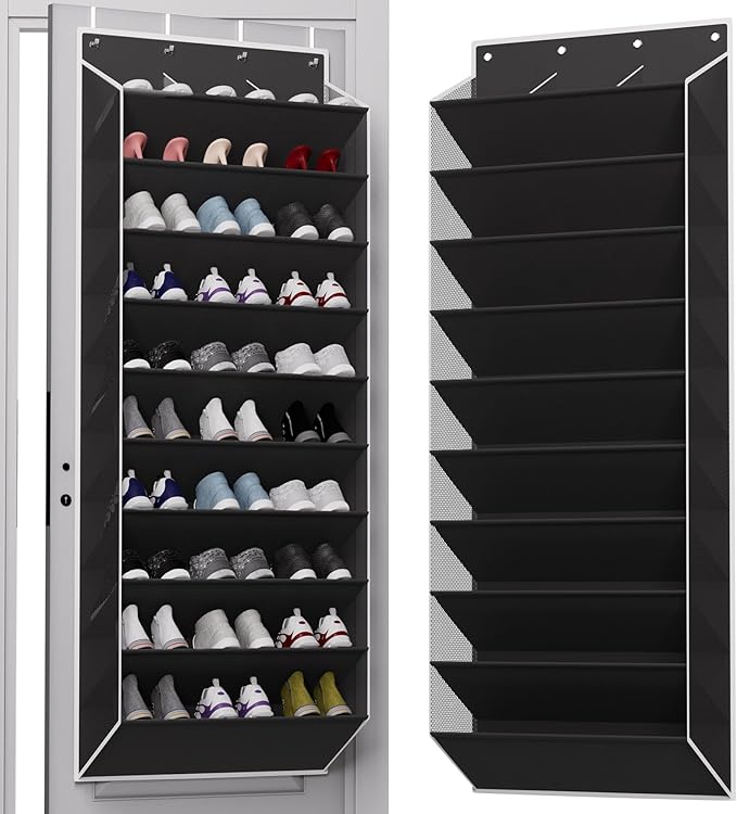 TAHAVICE 10-Tier Large Size Over The Door Shoe Organizer, Holds 30 Pairs Hanging Shoe Rack with Deep Pockets for Closet, Space-Saving Storage for Sneakers, Boots (Black)