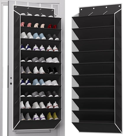 TAHAVICE 10-Tier Large Size Over The Door Shoe Organizer, Holds 30 Pairs Hanging Shoe Rack with Deep Pockets for Closet, Space-Saving Storage for Sneakers, Boots (Black)
