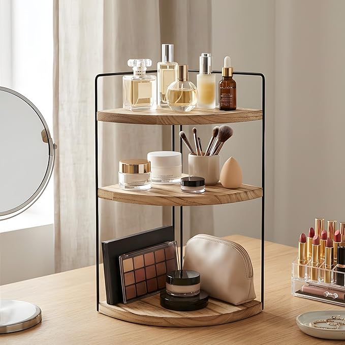Corner Bathroom Counter Organizer Countertop Brown, 2 Pack 3 Tier Corner Shelf Wood Vanity Tray Easy Assembly Space Saving Shelf for Kitchen, Bathroom, Dresser, Makeup, Office