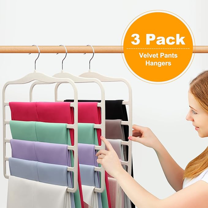 Closet Organizers and Storage,3 Pack Velvet Pants-Hangers-Space-Saving,Non Silp 5 Tier Scarf Jeans Closet Organizer,Dorm Room Essentials for College Students Girls Boys Guys,Organization and Storage