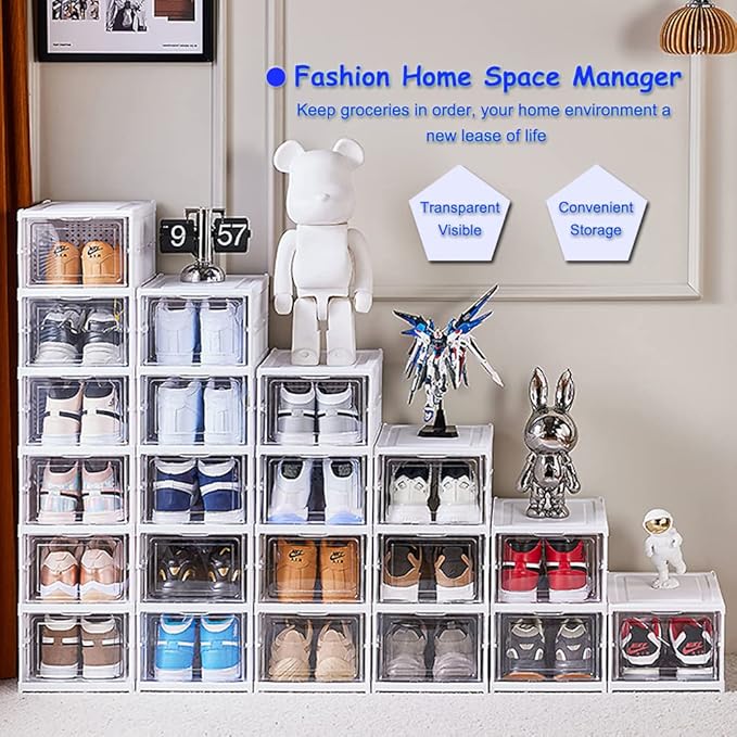 6-Tier Shoe Rack Shoe Storage Box Bins Clear Collapsible Plastic Installation-Free Stackable Foldable Tote with Lids Organizing Dustproof
