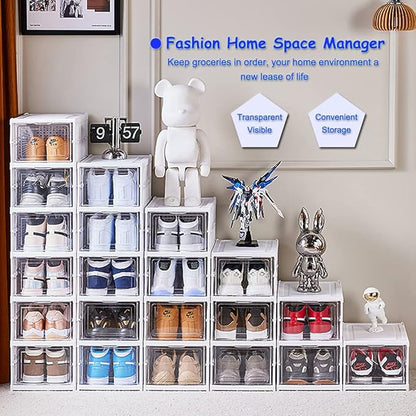 6-Tier Shoe Rack Shoe Storage Box Bins Clear Collapsible Plastic Installation-Free Stackable Foldable Tote with Lids Organizing Dustproof