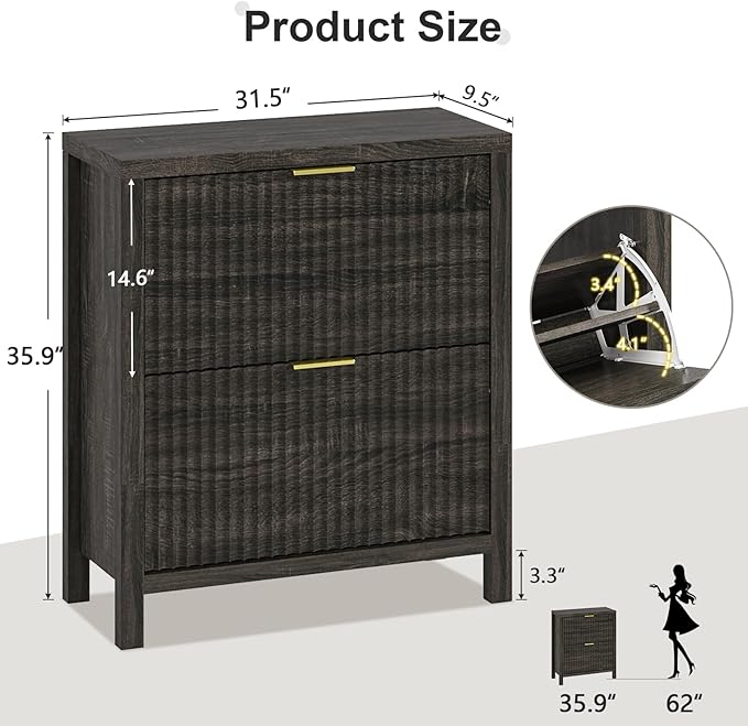 YOMILUVE Shoe Cabinet Storage for Entryway, Fluted Shoe Cabinet with 2 Flip Drawers, Hidden Shoe Rack Tall Freestanding Shoe Organizer with Legs for Hallway, Dark Gray
