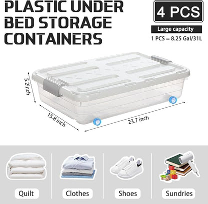 Beeveer 4 Pcs Plastic Under Bed Storage Containers with Lid Wheel Handle, Transparent Large Capacity Stackable Latching Storage Bins for Closet Bedroom Clothes Shoes Blanket(23.7 x 15.8 x 5.2,White)