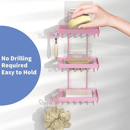 Moforoco 3 Tier Pink Soap Dish Holder for Shower Wall, No Drilling, 304 Stainless Steel, Soap Bar with 4 Hooks and Razor Holder for Shower, Shampoo Bar Holder for Girly Bathroom Accessory Decor