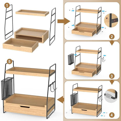 2 Tier Bathroom Counter Organizer Wood - Tiered Bathroom Countertop Shelf with Drawer, Removable Basket & 2 Hooks, Makeup Vanity Organizer for Skincare Perfume Toiletries, 13'' Wood